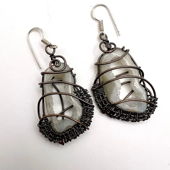 Copper Wire Wrapped Geode Quartz Earrings - Picture 3 of 6